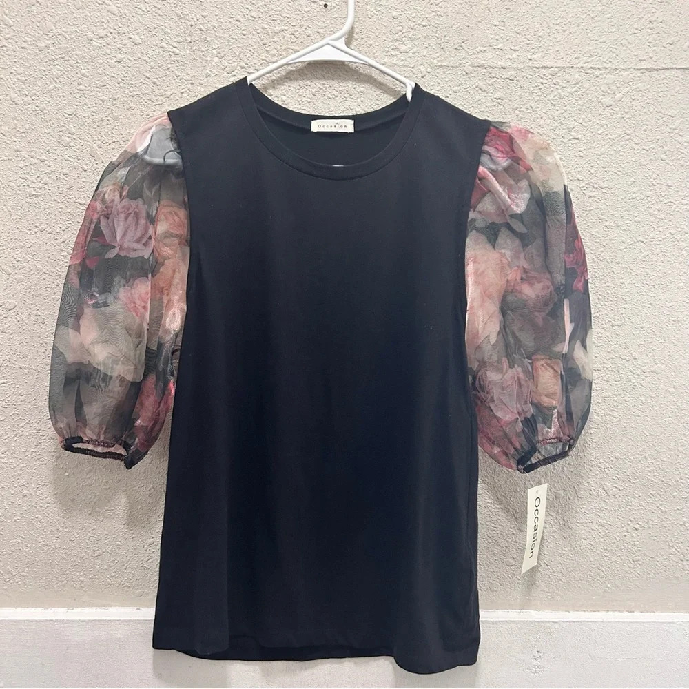 Occasion Black with Floral Puff Mesh Sleeves NWT Large